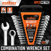 HORUSDY 12Pcs Metric Spanner Set, Ring Open Ended Spanners CRV Steel with Rack, 8-19mm