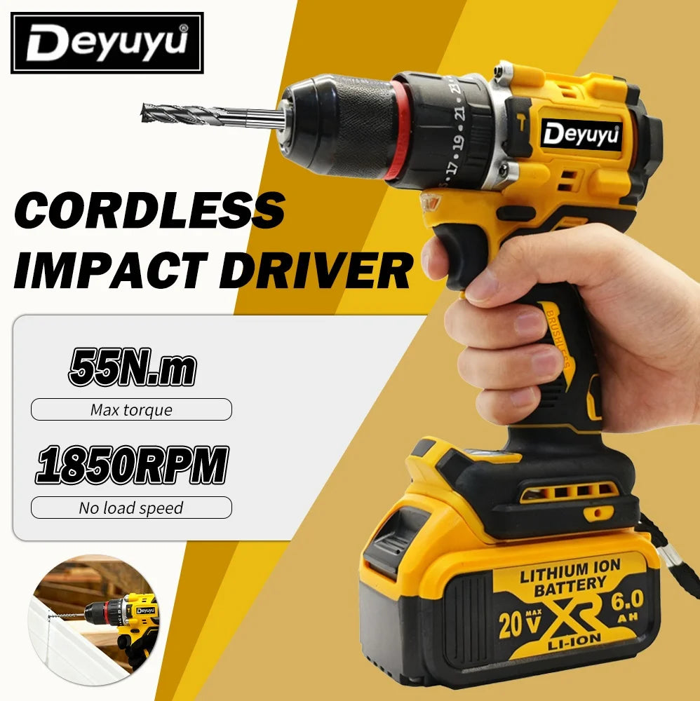 Cordless brushless drill, compact dual-speed setting, compatible with DeWalt 20V battery, includes bare tool only