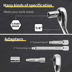 Socket Wrench Set 1/4" 24/72 Tooth Ratcheting Wrench Set with Extension Bar for Auto Repairing and Household, with Storage Case