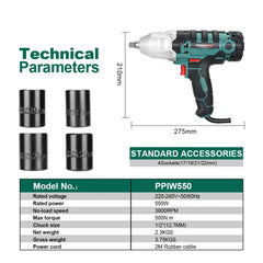 550W Electric Impact Wrench Max Torque 500Nm 1/2 Inch 2M Rubber Cable Car 4 SocketS Wrenches BMC Box AC Power Car Repair Tool