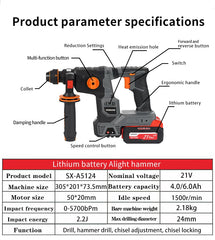 Three In One 20V 800W Heavy Duty Brushless Cordless Rotary Hammer Drill With Fast Charger 26mm Max Drilling Diameter