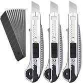 3 Pack Utility Knife Box Cutter Retractable, Compact Box Knife for Cartons, Cardboard and Boxes, with 10 Piece 18mm Wider