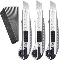 3 Pack Utility Knife Box Cutter Retractable, Compact Box Knife for Cartons, Cardboard and Boxes, with 10 Piece 18mm Wider