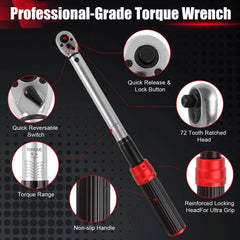 Upgraded Torque Wrench 1/4'' 3/8'' 1/2'' Drive Click Torque Wrench Dual-Direction Adjustable 72-Tooth Ratchet Handle