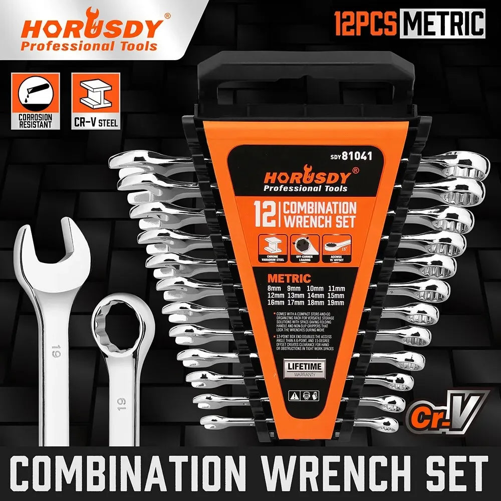 HORUSDY 12Pcs Metric Spanner Set, Ring Open Ended Spanners CRV Steel with Rack, 8-19mm