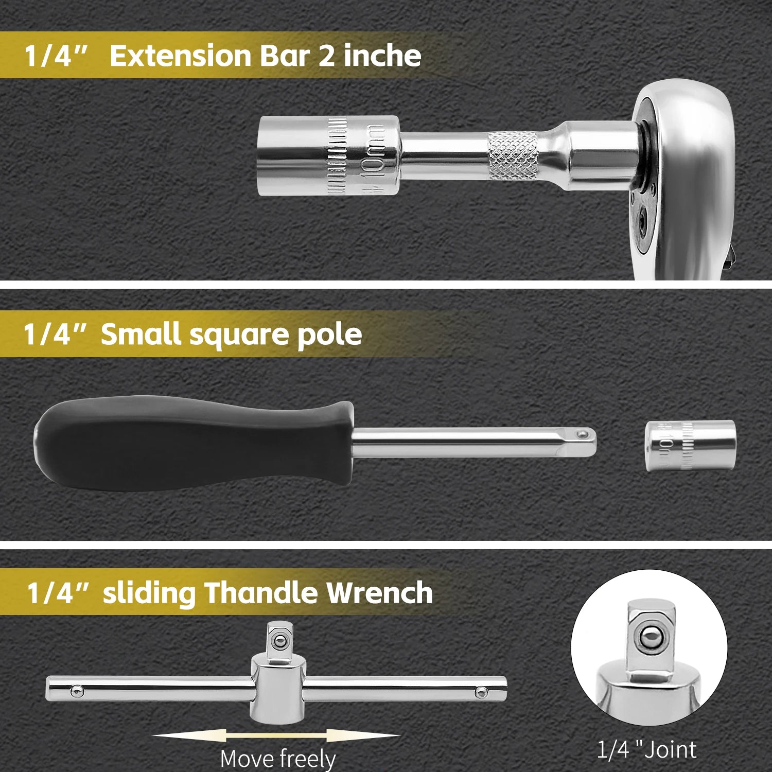 Socket Wrench Set 1/4" 24/72 Tooth Ratcheting Wrench Set with Extension Bar for Auto Repairing and Household, with Storage Case