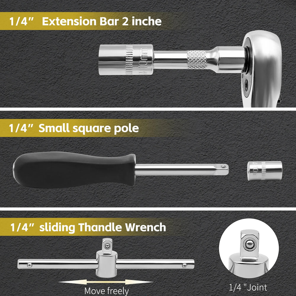 Socket Wrench Set 1/4" 24/72 Tooth Ratcheting Wrench Set with Extension Bar for Auto Repairing and Household, with Storage Case