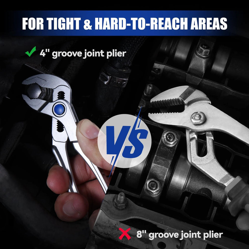 Mini Water Pump Pliers 4-Inch Groove Joint Fast Adjustable 15-Position Push-Lock V-Jaw for Tight Spaces