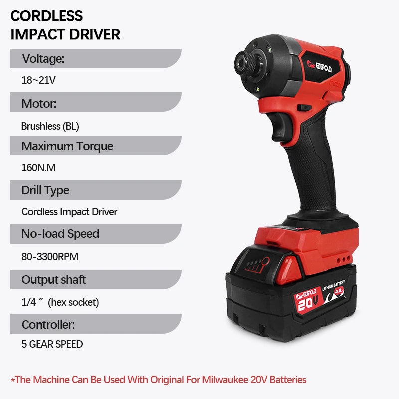 Electric Goddess Impact Driver 160NM Electric Driver For 20V Milwaukee Lithium Battery Brushless screwdrivers Power Tool ﻿
