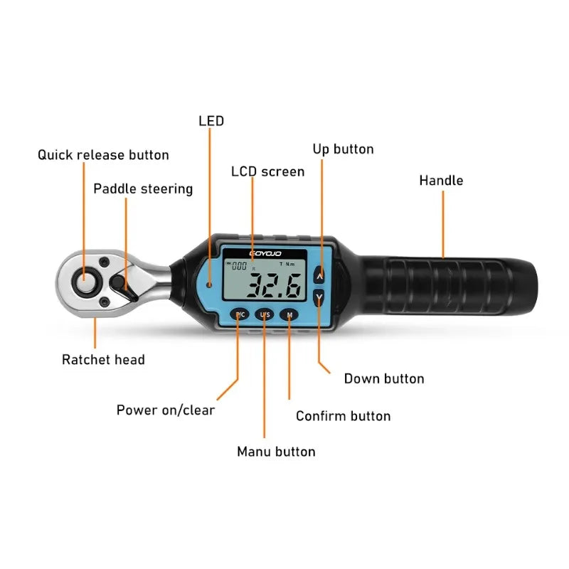 Torque Wrench Bidirectional Ratchet 1/2 3/8 1/4 Digital Preset Head Professional Adjustable for Bicycle Repair Hand Tools