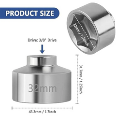 Trendy! 32mm Socket-Oil Filter Wrench Tool,Steel Quickly Oil Filter Removal Tool,3/8Inch Drive Oil Filter Socket Tool