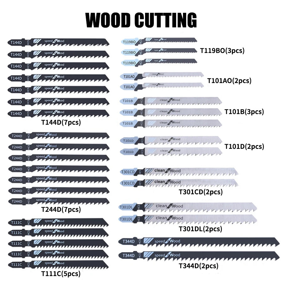 48 PCS Jigsaw Blades Set, T-Shaft HCS Assorted Blades for Fast Cutting, Straight Cutting Tools for Wood, PVC & Steel Pipe