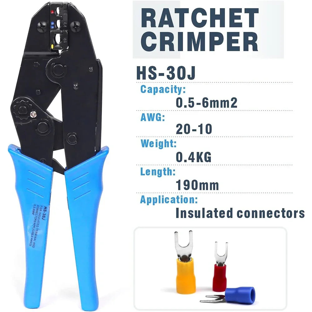 Professional Insulated Wire Terminals Connectors Ratcheting Crimper Tool for 22-10AWG HS-30J Wire Crimping Tool