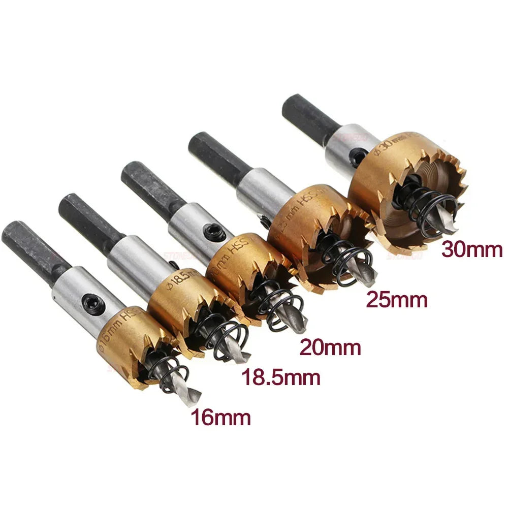 HSS Hole Saw Drill Bit Set 5Pcs Hole Cutter for Sheet Metal Reaming 16mm 18.5mm 20mm 25mm 30mm Professional Tool Kit