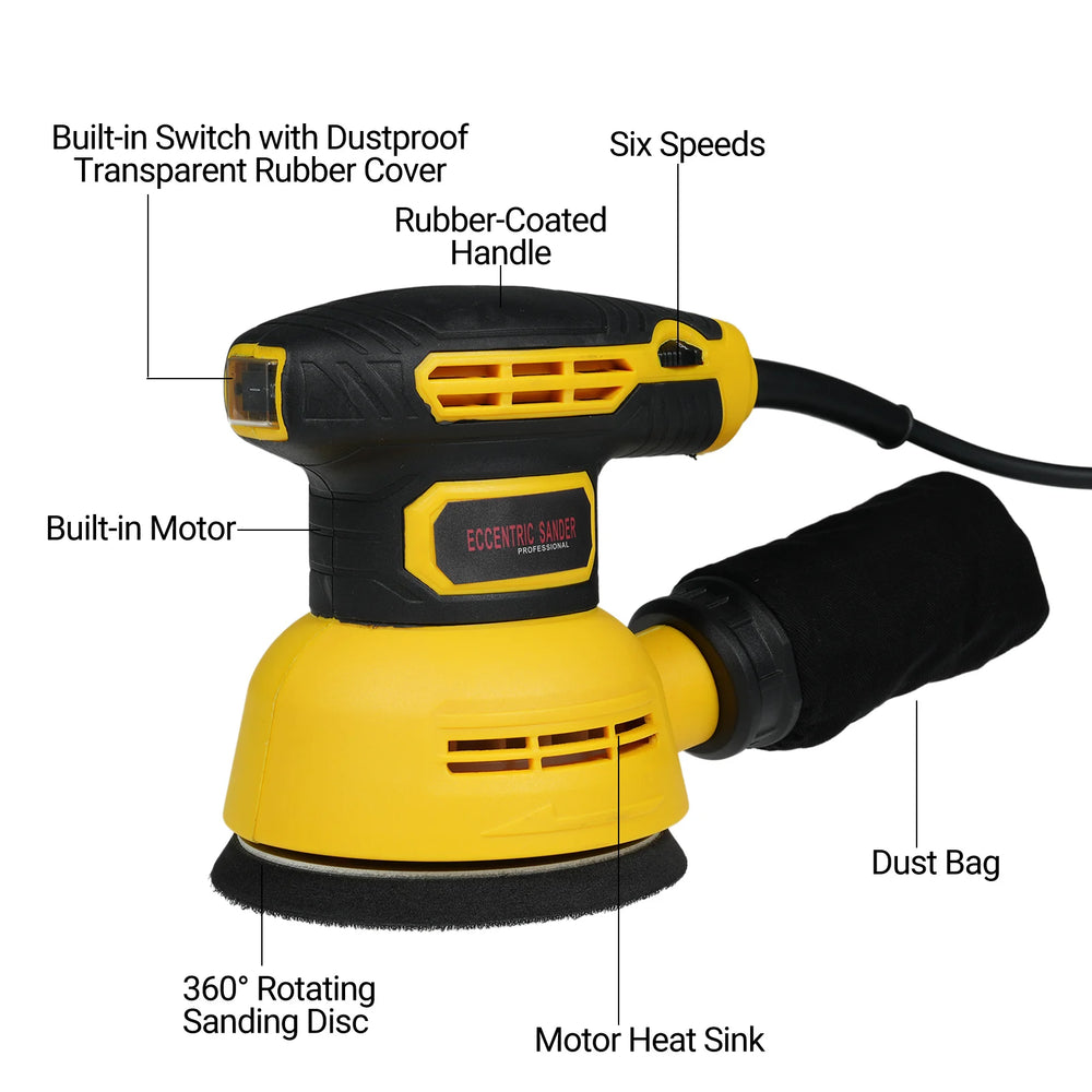 5 Inch Random Orbital Sander with 15Pcs Sandpapers 12000RPM 6 Variable Speed Sander Machine High Performance Dust Collection