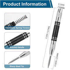 2Pcs Heavy Duty Automatic Center Punch, 5'' Premium Steel Spring Loaded Center Hole Punch, Adjustable Spring Impact Center Marke