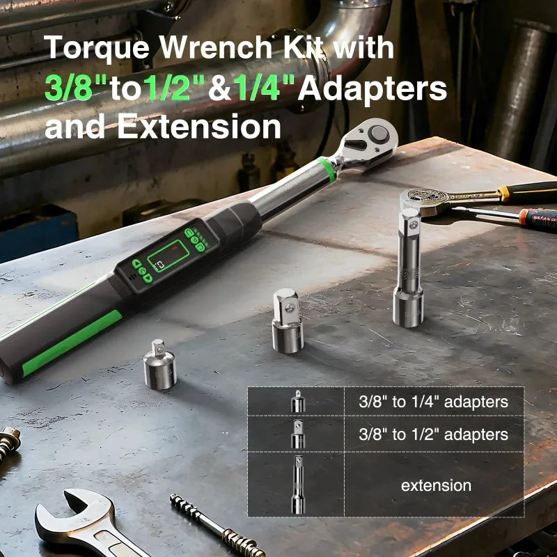 3/8'' Digital Torque Wrench w/1/4 1/2-inch Adapter Bidirectional Ratchet Head Mini Electronic Torque Wrench 2% Accuracy