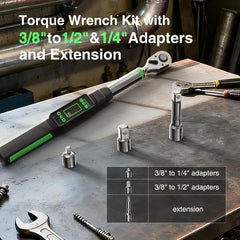 3/8'' Digital Torque Wrench w/1/4 1/2-inch Adapter Bidirectional Ratchet Head Mini Electronic Torque Wrench 2% Accuracy