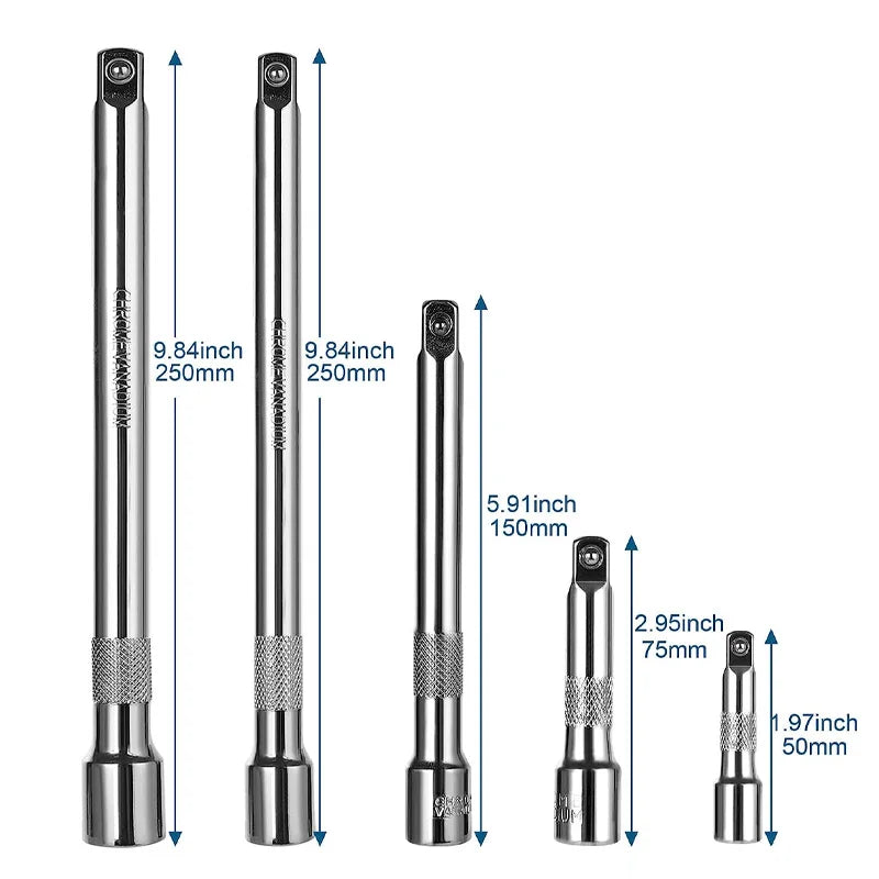 1/4" 3/8" 1/2" Drive Extension Set Ratchet Wrench Extension Bar Socket,50/100/150/250mm Ratchet Wrench Socket Extender Hand Tool