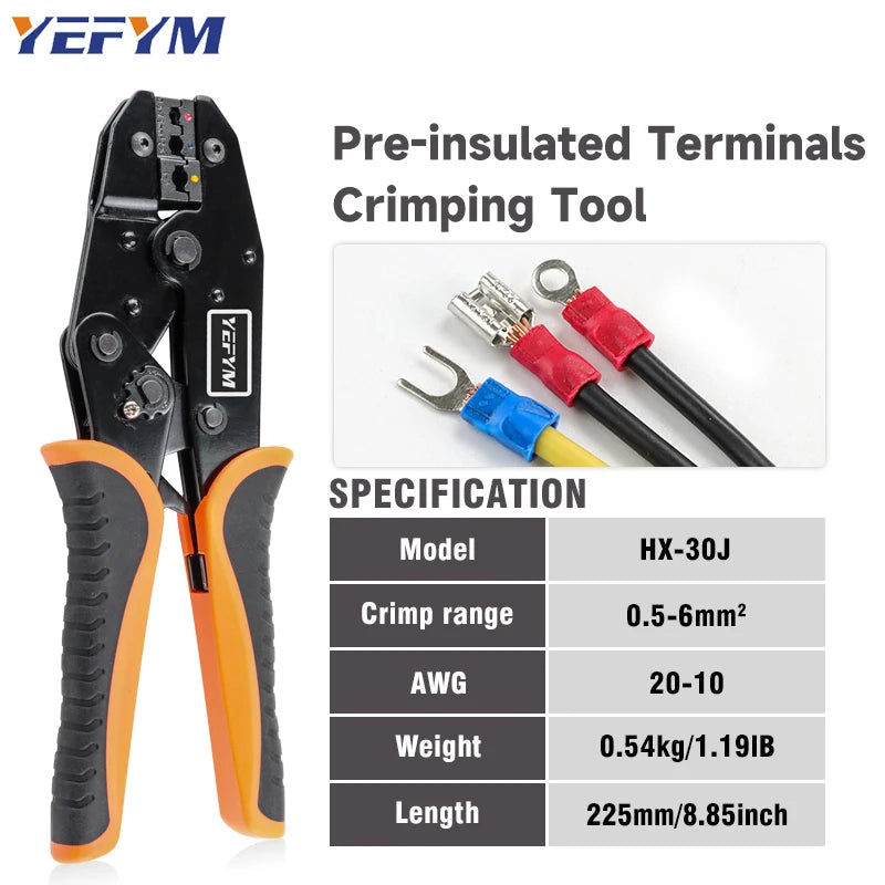 Crimping Tool for Insulated Terminals Wire AWG 20-10 (0.5-6mm²) RV/SV/FDD/MDD Connectors Ratchet Electrical Pliers HX-30J