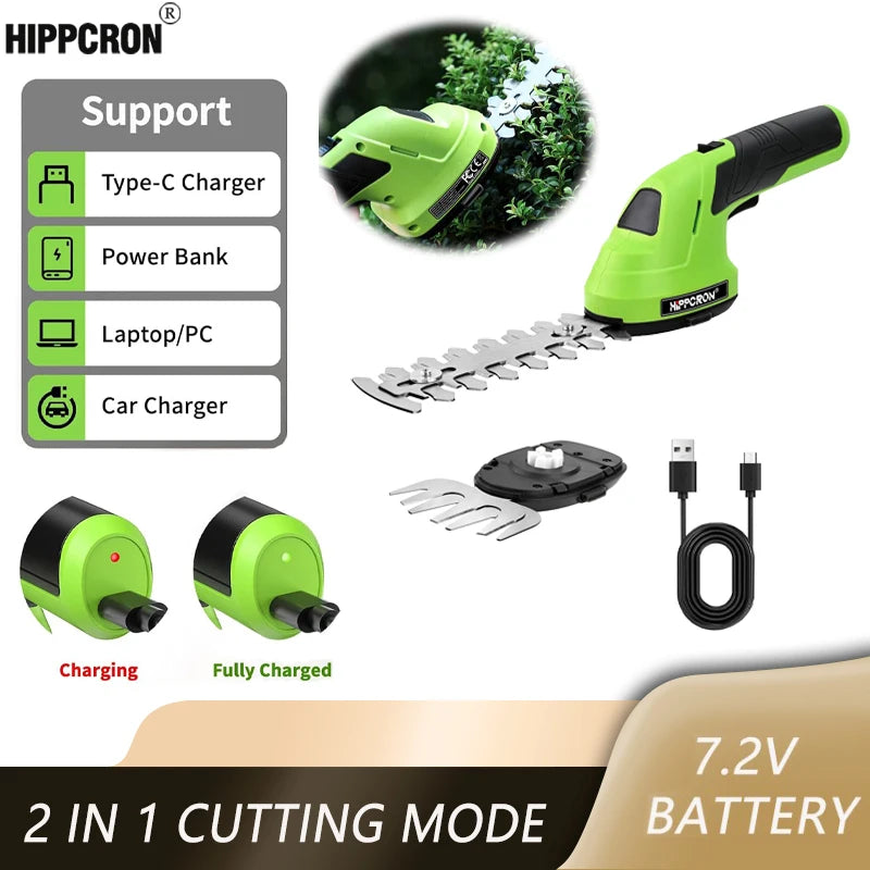 Hippcron 2-in-1 Handheld Electric Hedge Trimmer Small household lawn mower Lightweight Shrub Trimmer Green Garden Bush Trimmer