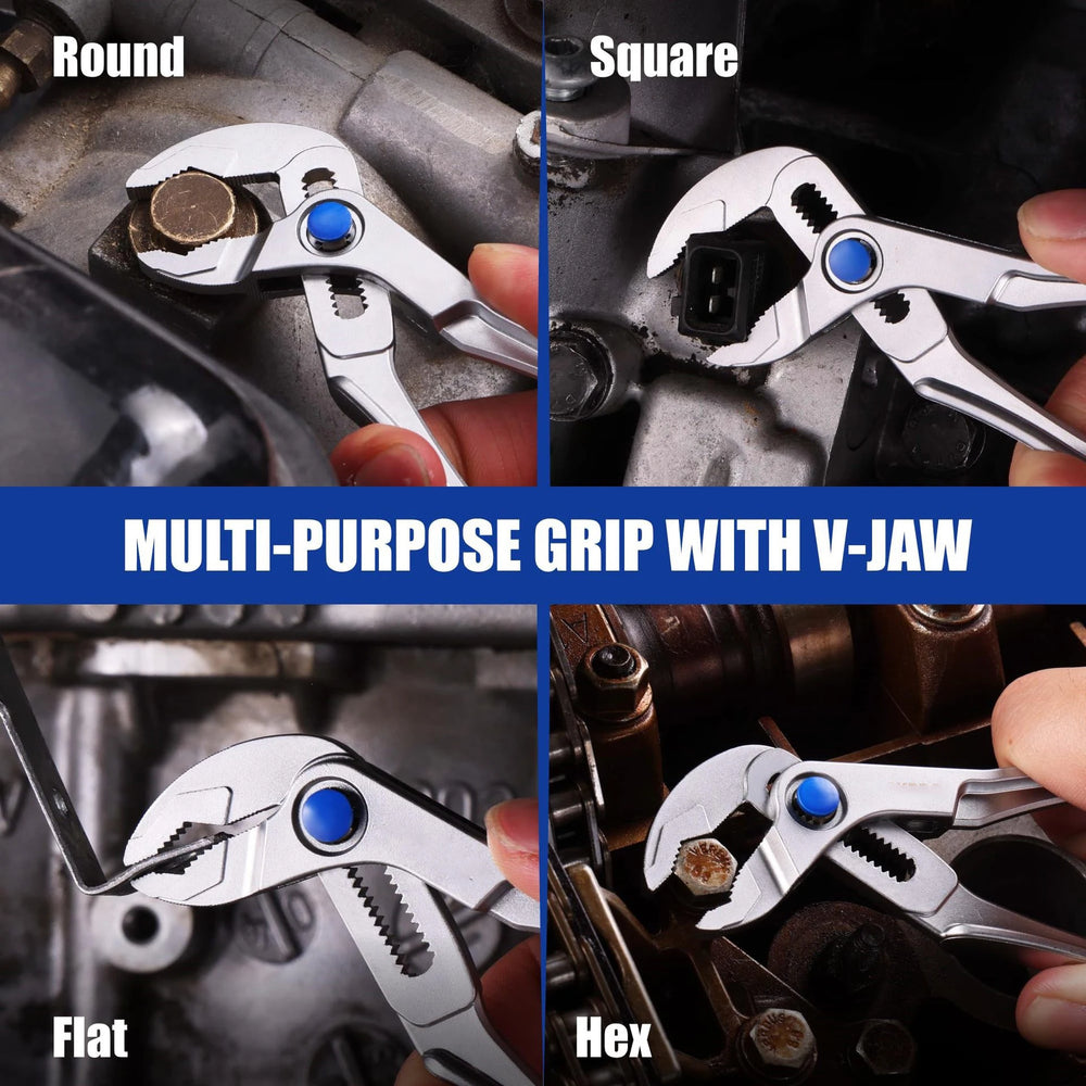 Mini Water Pump Pliers 4-Inch Groove Joint Fast Adjustable 15-Position Push-Lock V-Jaw for Tight Spaces
