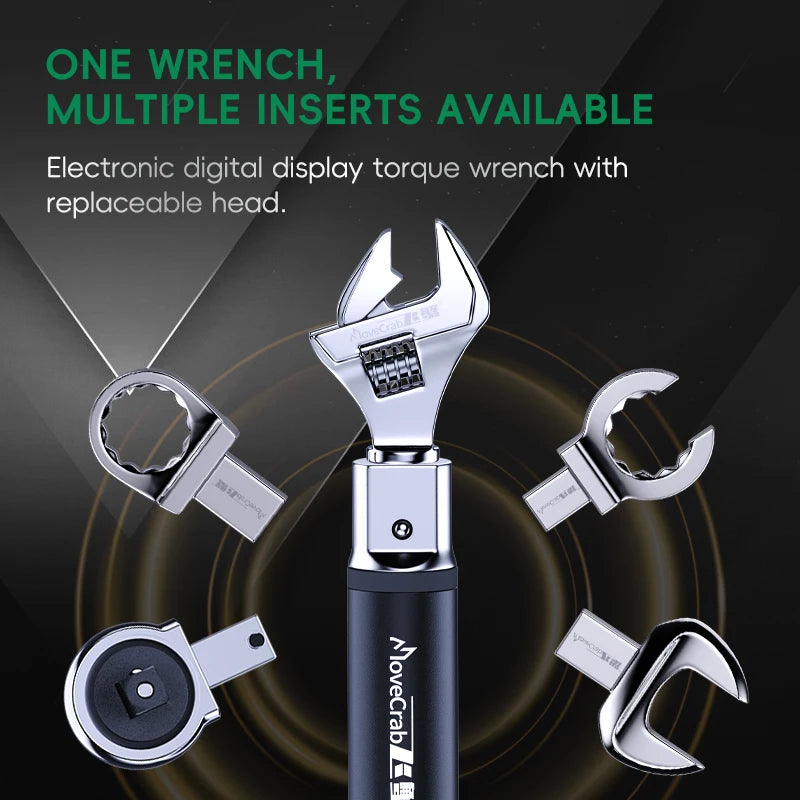 Digital Torque Wrench with Interchangeable Heads Precision Adjustable 5-99.6ft.lb(6.8-135Nm) Ratchet & Open-End Heads Profession