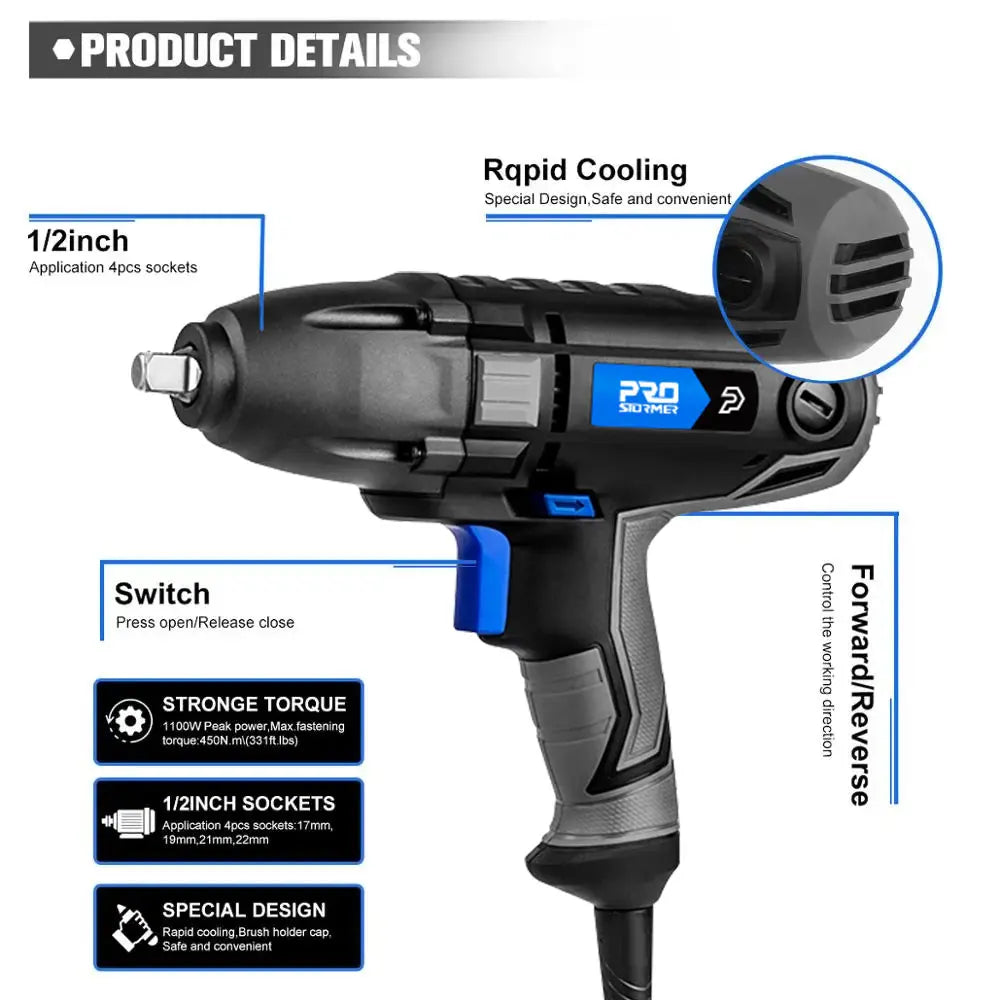 Electric Impact Wrench 1/2 inch 1100W 450N.m 230V Air Spanner Tire Remove Auto Repair Tool 4 Sockets 3400RPM speed by PROSTORMER