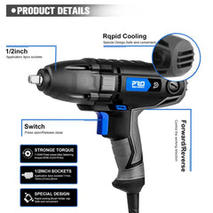 Electric Impact Wrench 1/2 inch 1100W 450N.m 230V Air Spanner Tire Remove Auto Repair Tool 4 Sockets 3400RPM speed by PROSTORMER