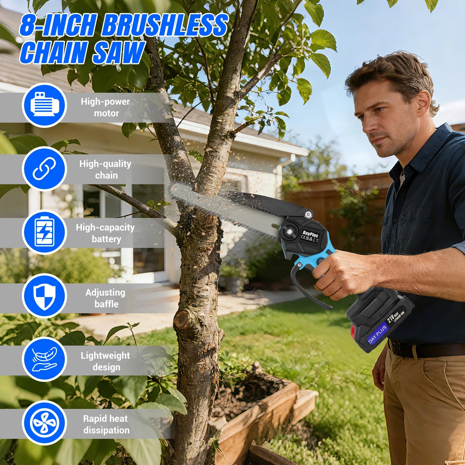 DayPlus 8 Inch Cordless Chainsaw Electric Handheld Wood Saw, 2PCS 4000mAh Battery Power Chain Saw with Safety Lock, Tree Trimmer