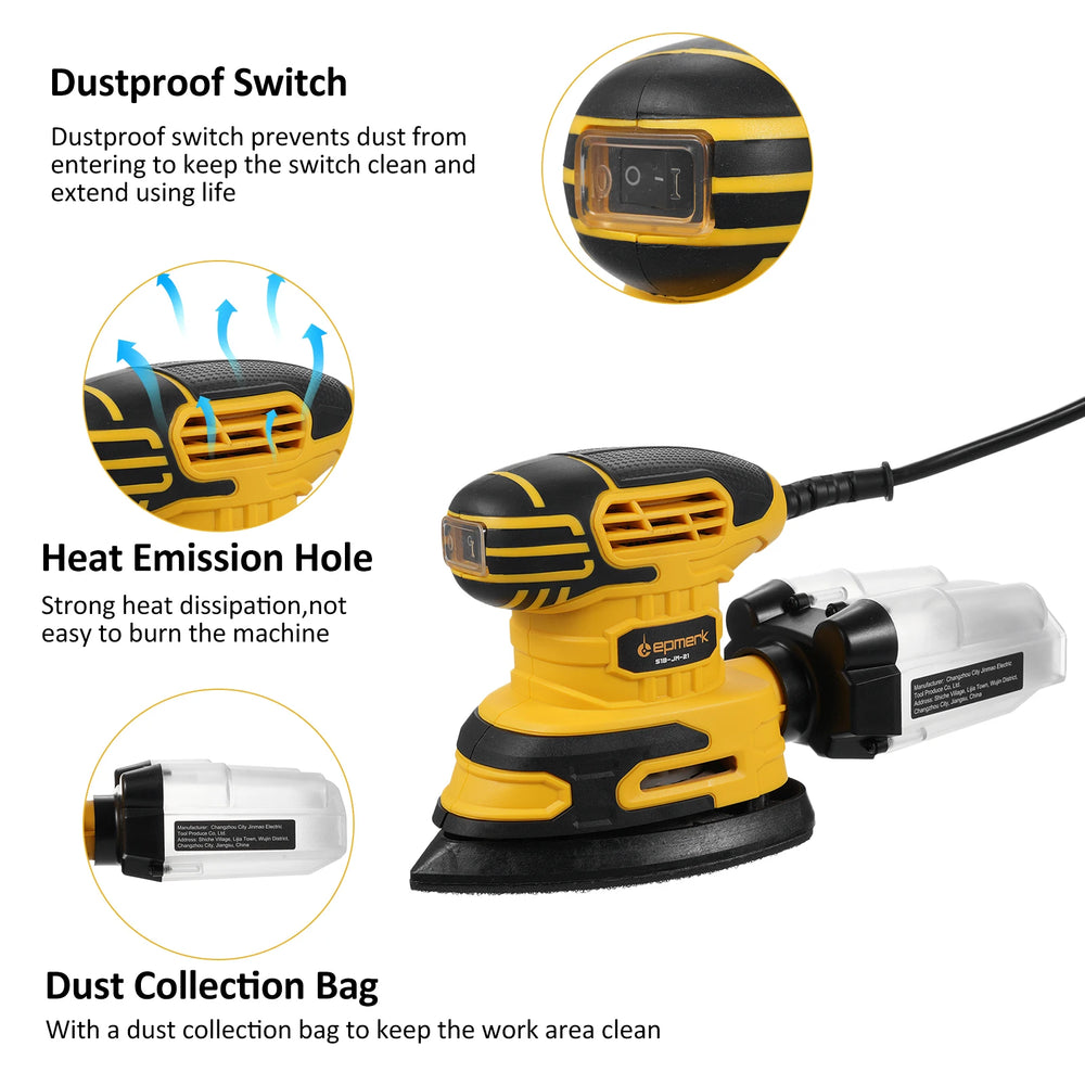 Detail Sander 13,000 OPM Compact Electric Sander with Dust Collector 220W 1.6Amp Power Sander with 20PCS Sanderpapers  for Wood