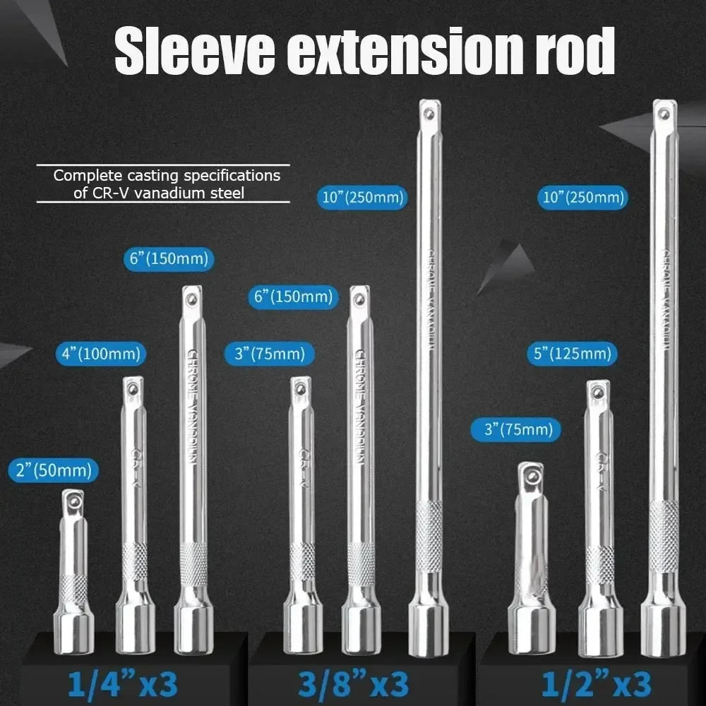 1/4" 3/8" 1/2" Drive Extension Set Socket Ratchet Wrench Extension Bar,50/100/150/250mm Ratchet Wrench Socket Extender Hand Tool