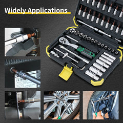 Socket Wrench Set 1/4" 24/72 Tooth Ratcheting Wrench Set with Extension Bar for Auto Repairing and Household, with Storage Case