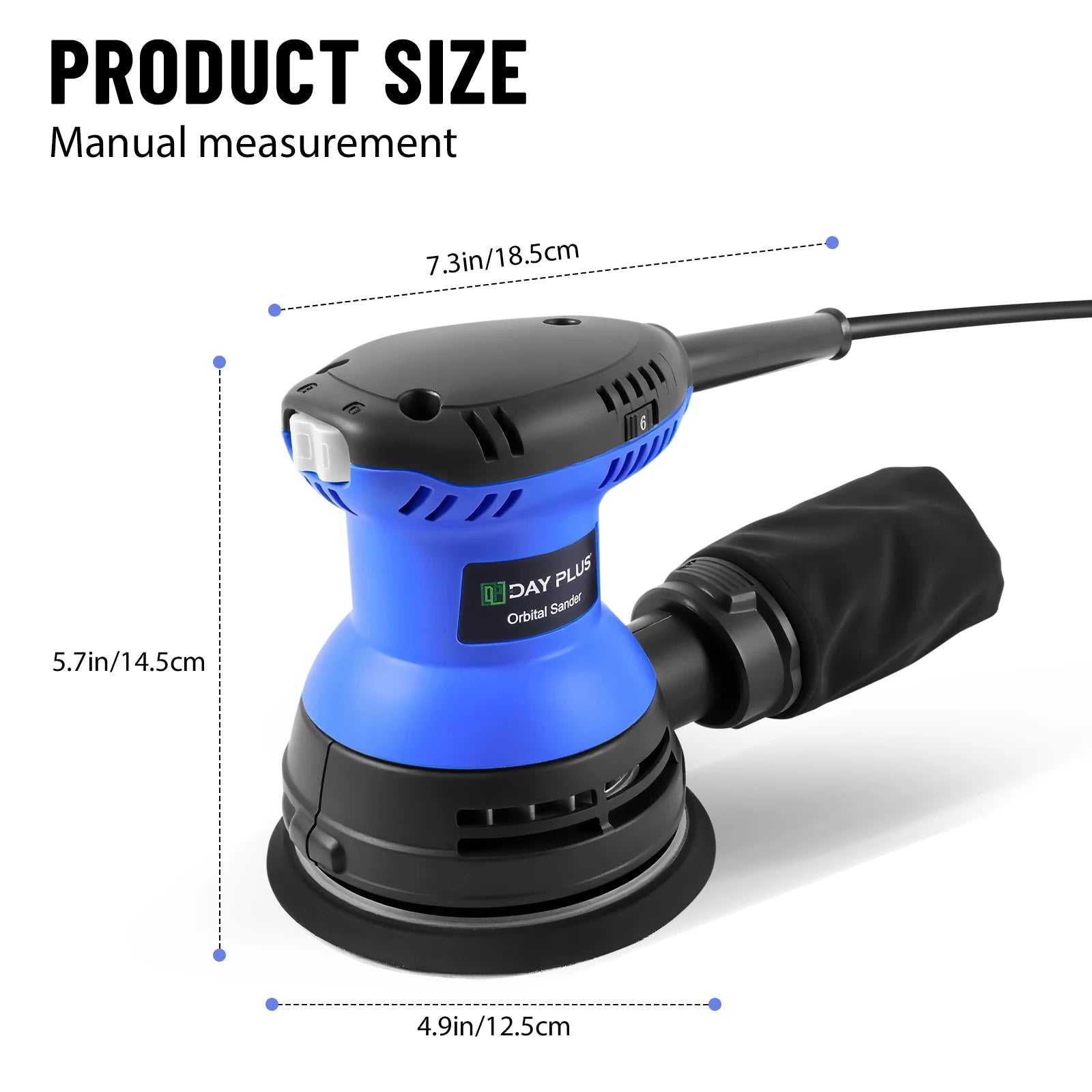 DayPlus 300W Random Orbital Sander with 15pcs Sandpaper & Dust Bag, 6 Speeds 125mm Sanding Machine for Wood Metal Polishing