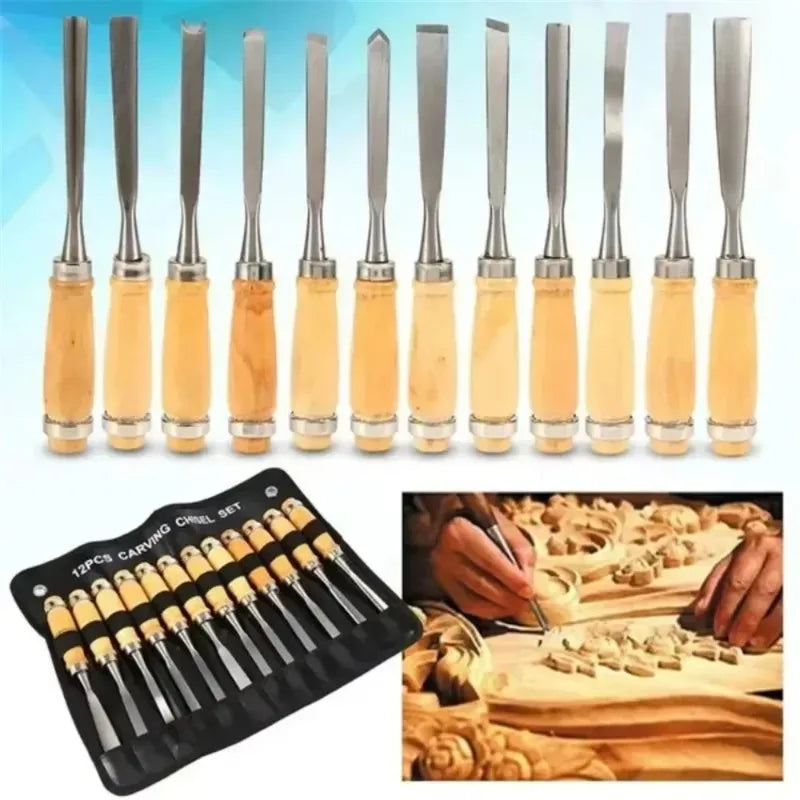 12PCS Wood Carving Hand Chisel Woodworking Lathe Gouges Tools Woodcarving Tools Set Carved Chisel Carving Knife Set