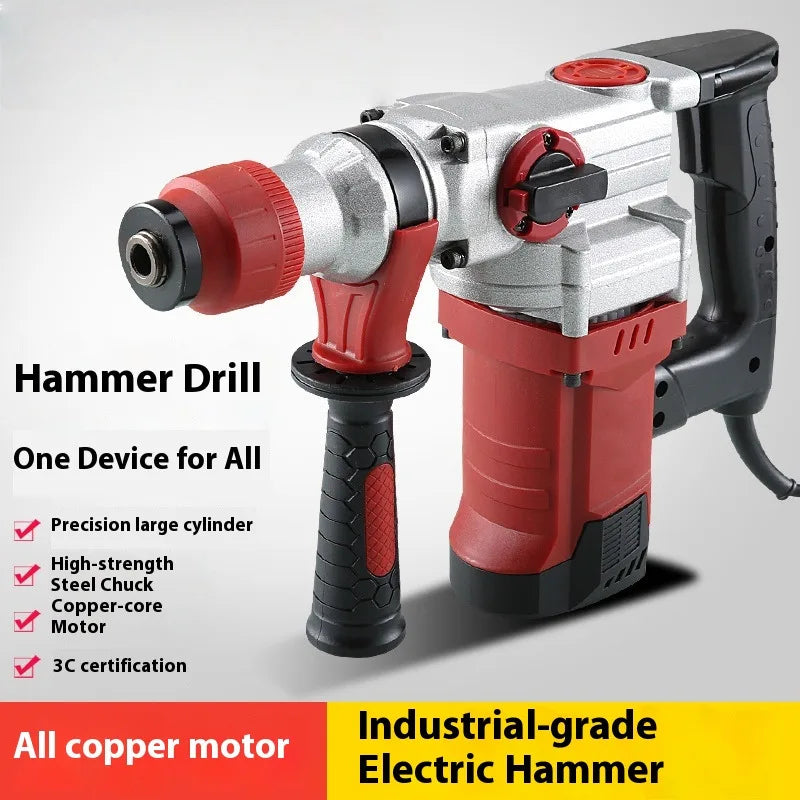 Including Chisels and Drill Bits with Case 220V Electric Hammer Drill Heavy Duty Rotary Hammer Drill, Copper Motor