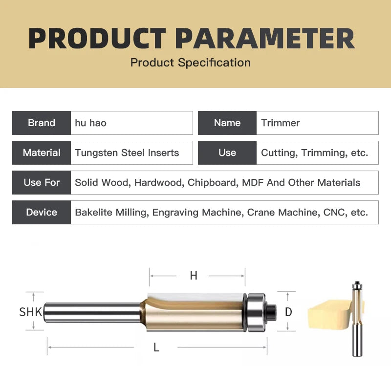 HUHAO Wood Router Bits Flush Trim Bit Top Bearing Carbide Milling Cutter Trimming Cutters Woodworking Tool Shank 1/2" 1/4 "