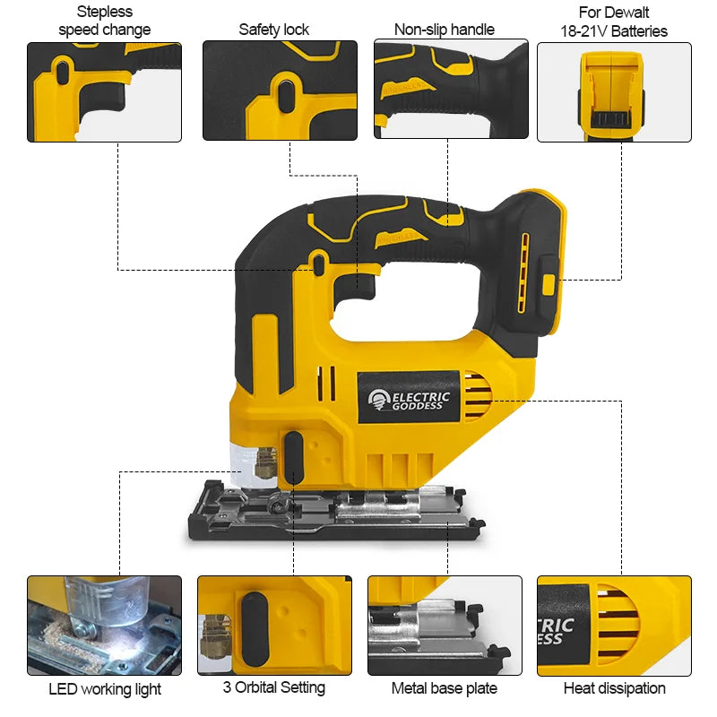 Electric Goddess 2700RPM Electric Jig Saw Cordless Jigsaw 3 Gears Multi-Function Adjustable Woodworking Tool For Dewalt 20V Pin