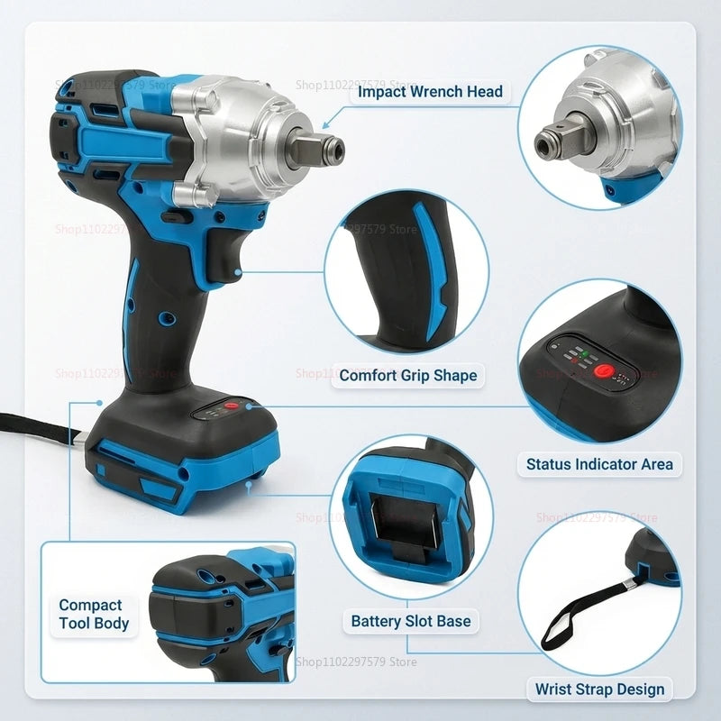 Cordless Electric Impact Wrench Brushless Hand Drill No Battery Heavy Duty Power Tool for Automotive Construction Repair and DIY