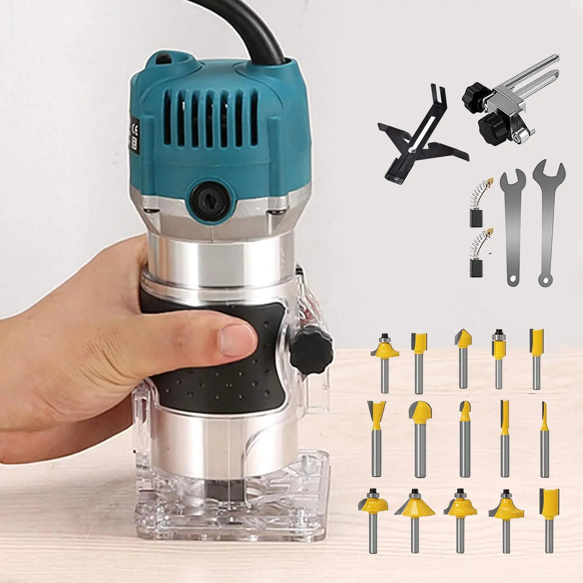 Wood Router+15PCS 1/4" Router Bit Set RouterTool 800W Wood Routers for Woodworking Tool,30000R/MIN Compact Edge Trimme