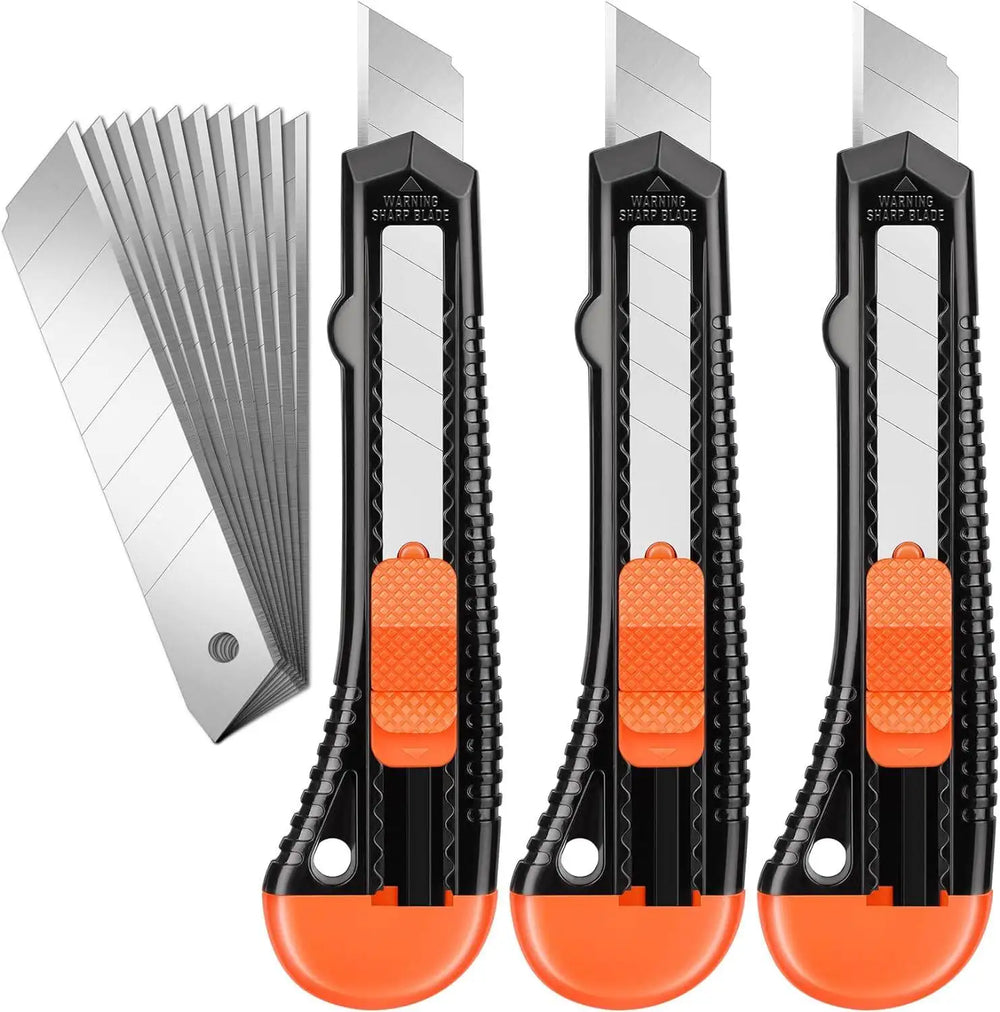 3 Pack Utility Knife Box Cutter Retractable, Compact Box Knife for Cartons, Cardboard and Boxes, with 10 Piece 18mm Wider