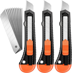 3 Pack Utility Knife Box Cutter Retractable, Compact Box Knife for Cartons, Cardboard and Boxes, with 10 Piece 18mm Wider
