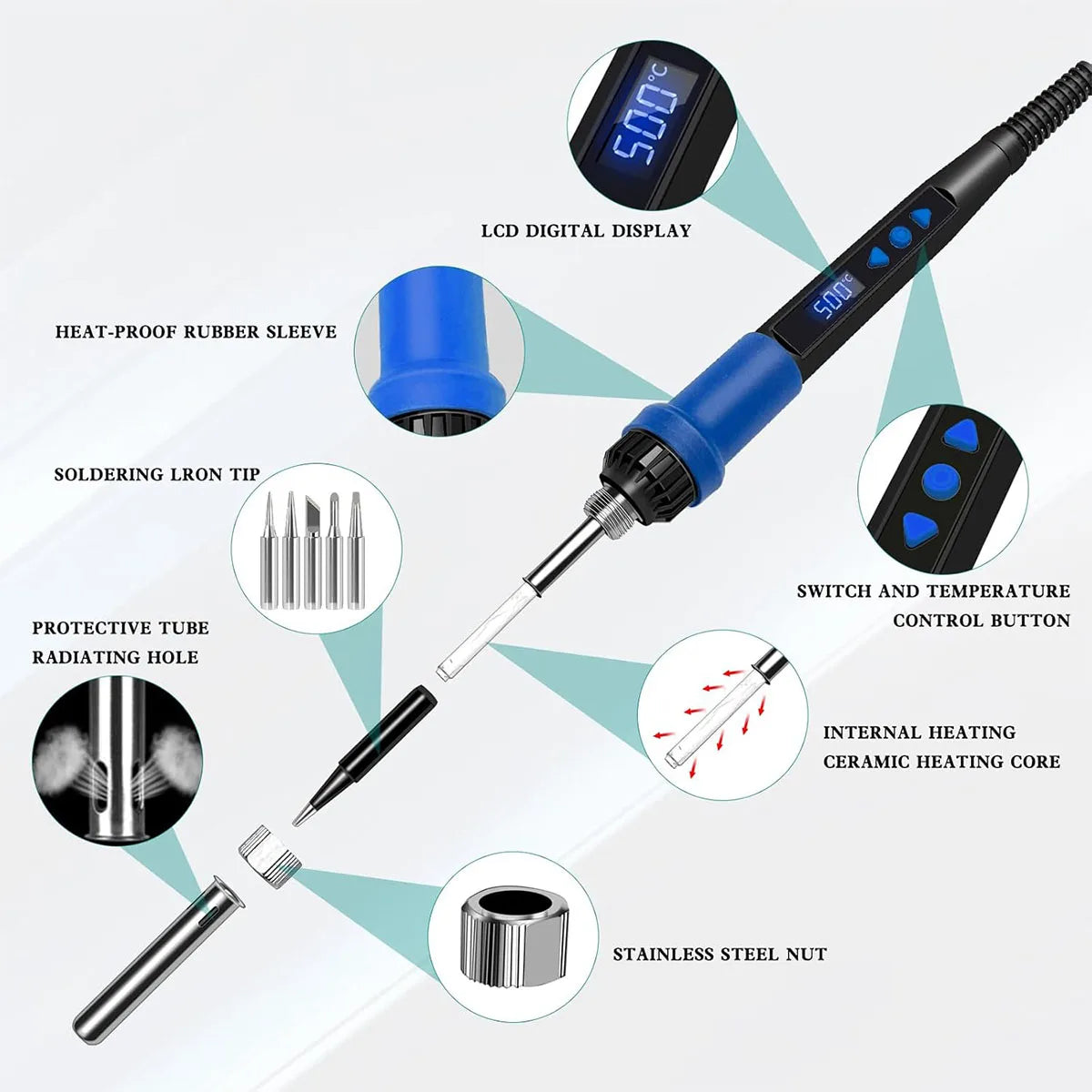 Soldering iron kit, 80W 110V LED digital soldering iron, with ceramic heater, portable soldering tool set