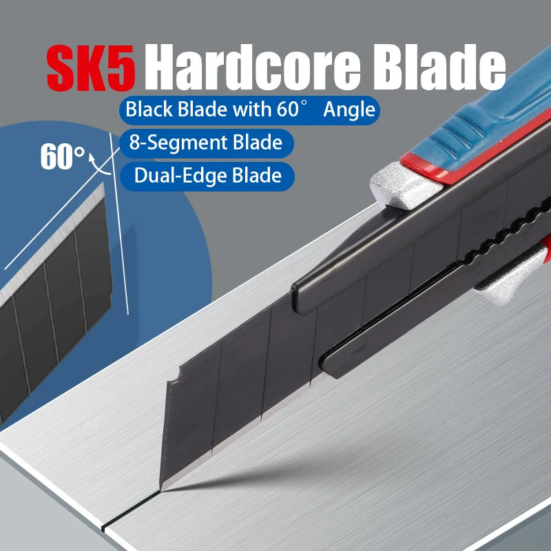 Heavy Duty Utility Knife SK5 Black Blade Box Cutter 18mm Aluminum Alloy Handle Professional Cutting Tool for Paper Cardboard DIY