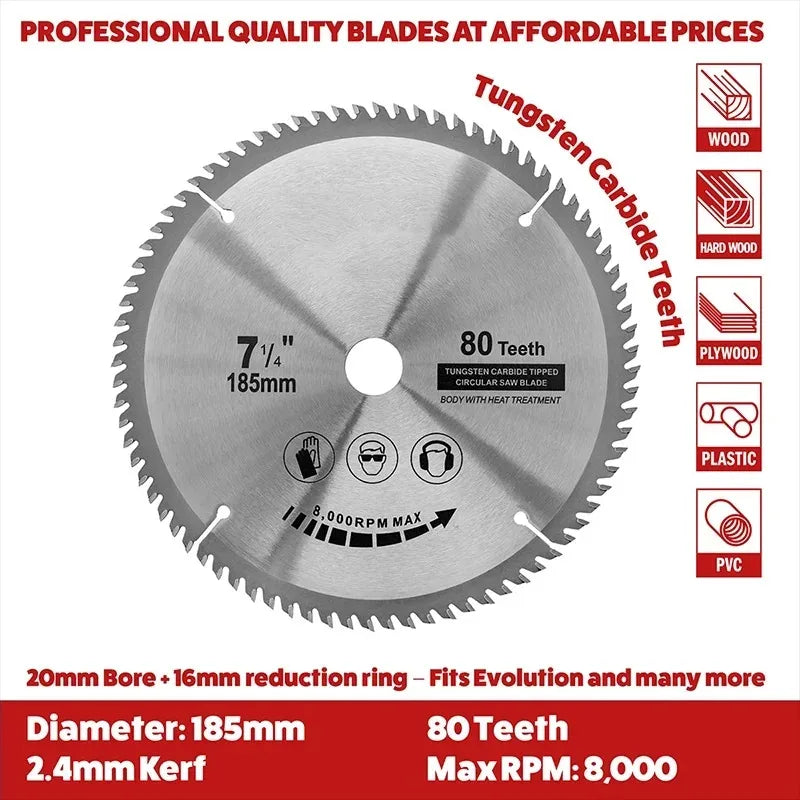 Circular Saw Blade Carbide Wood Cutting Disc TCT Saw Blade 185mm x80T x20mm Tipped Cutter Woodworking Cutting Tools Disc