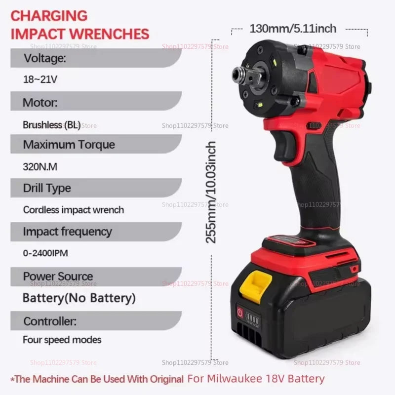 18V Brushless Wireless Electric Wrench for Car Truck Repair Impact Drill Rechargeable Electric Screwdriver Tool No Battery