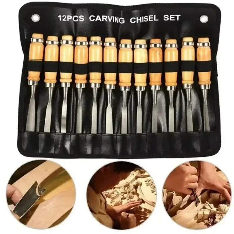 12PCS Wood Carving Hand Chisel Woodworking Lathe Gouges Tools Woodcarving Tools Set Carved Chisel Carving Knife Set