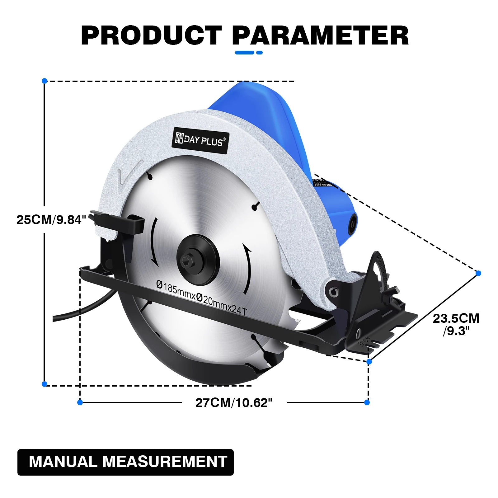 DayPlus Circular Saw 1500W 5000RPM Electric Power Circular Saw with Laser Guide, 0 to 45° Bevel Angle, 180mm Saw Blade