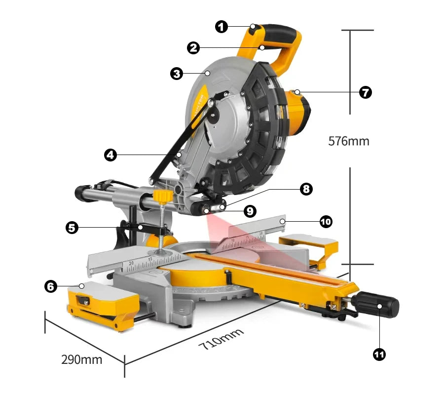 254mm 2400W Sliding Miter Saw + 1pc 255mm 120T Blade For Wood Cutting + 1pc 255mm 120T Blade For Aluminium Cutting