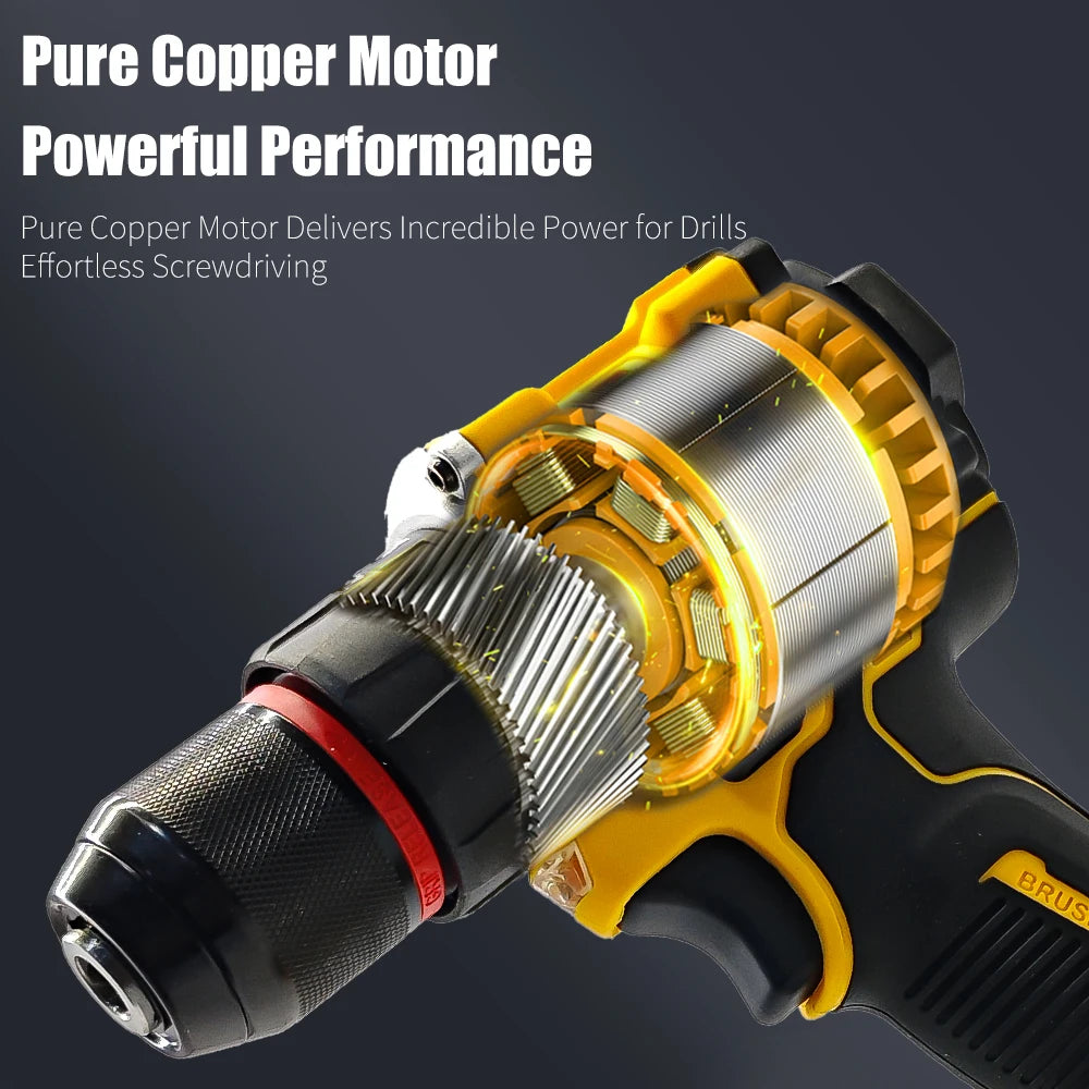 Cordless brushless drill, compact dual-speed setting, compatible with DeWalt 20V battery, includes bare tool only